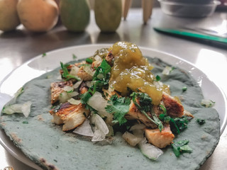 delicioso plato mexicano típico, taco de pollo casero con cilantro y cebolla con salsa por encima