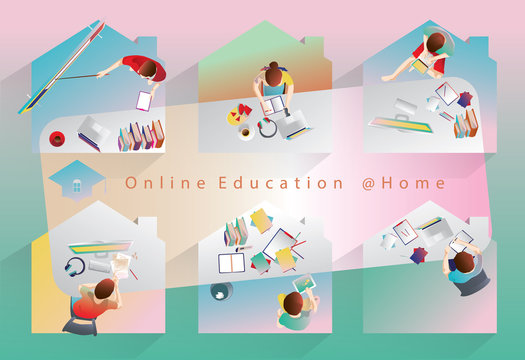 Learning from home, Home school kid concept. children study online learning from home with laptop and computer. teacher Online Class. Stay School, Quarantine and Social distancing concept, vector