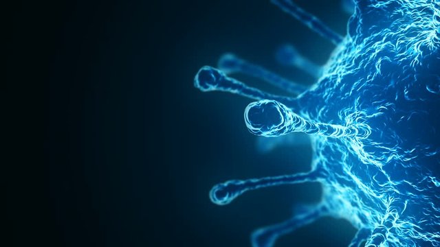 Blue microorganism under the microscope. A bright, glowing virus moves against a dark background. 3D render of microbes, looped animation.