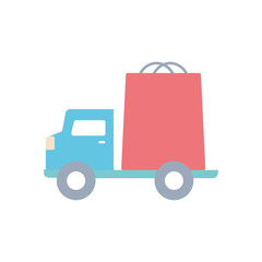 cargo truck with shopping bag icon, block style