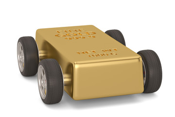 Gold bar with four wheels isolated on white background. 3D illustration.