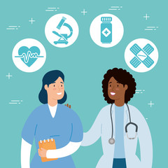 Obraz premium doctor female with paramedic and medical icons character vector illustration design