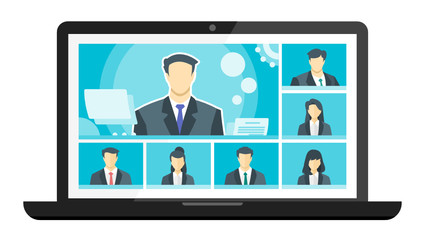 7 Panels Online Virtual Remote Meetings, TV Video Web Conference Teleconference Call  Male Main. Company CEO President Executive Manager Boss Employee Team Work Learn From Home WFH Live Stream Webinar
