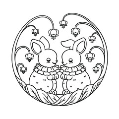 Forest fantasy rabbit friends having fun surrounded flowers and leaves cartoon vector illustration. Easter bunny friends children, kids or adult coloring book page.