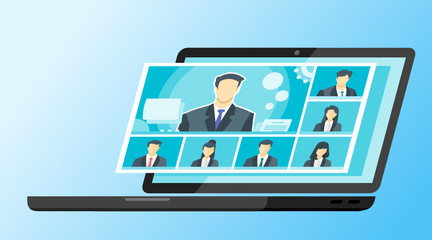 7 Panels Online Virtual Remote Meetings, TV Video Web Conference Teleconference Call  Male Main. Company CEO President Executive Manager Boss Employee Team Work Learn From Home WFH Live Stream Webinar