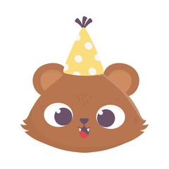 happy birthday, cute little bear face with party hat celebration isolation design icon