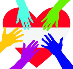 Care and charity concept - hands on the Austria Flag Heart. Patriotic concept. People raising their hands to become volunteers. The concept of big problems because of the coronavirus pandemic.