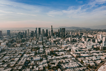 Aerial Drone View of Los Angeles Downtown on beautiful Sunny Day