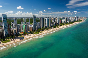 Boa Viagem Beach, Recife, Pernambuco, Brazil on March 1, 2014. The most famous urban beach in the city, approximately eight kilometers long. Aerial view