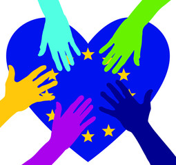 Care and charity concept - hands on the European Union Flag Heart. Patriotic concept. People raising their hands to become volunteers. The concept of big problems because of the coronavirus pandemic.