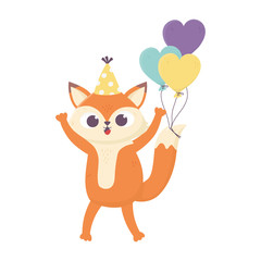 happy birthday, fox with party hat and balloons hearts decoration design icon