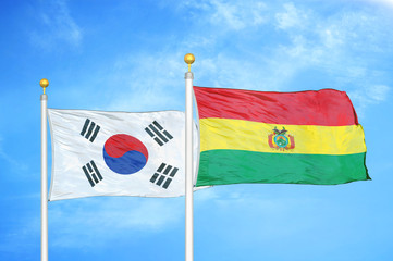 South Korea and Bolivia  two flags on flagpoles and blue cloudy sky