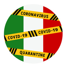 Fototapeta premium Italy quarantine and extraordinary emergency measures under pandemic virus. stop coronavirus covid-19 yellow border tape on Italy flag background vector illustration
