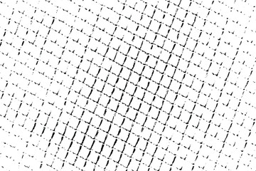 Grunge halftone texture of an uneven large grid. Monochrome background of loose fabric. Overlay template. Vector illustration