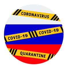 Russia quarantine and extraordinary emergency measures under pandemic virus. stop coronavirus covid 19 yellow border tape on Russia flag background vector illustration