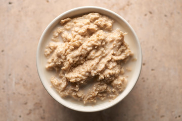 Overhead View of Cooked Oatmeal in Bowl