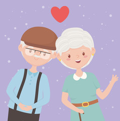 old people, happy grandparents, mature couple love cartoon characters