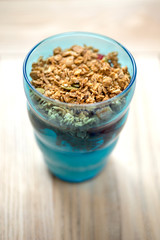 Granola Topped Vanilla Ice Cream Parfait in Blue Tumbler