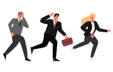 business woman and businessman running away from being chased by something flat vector illustration.