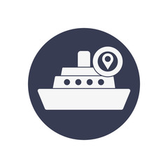 cargo ship and location pin icon, block style