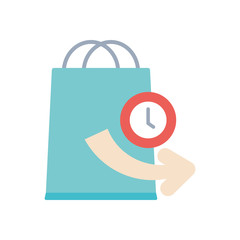 fast delivery concept, shopping bag with arrow and clock icon, flat style