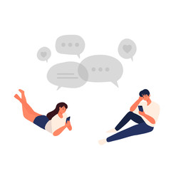 Male and female couples chat with each other romantically online with smartphone cartoon hand drawn style flat vector design human character illustration