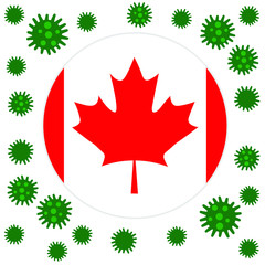 Flag of Canada with outbreak deadly coronavirus covid-19. Banner with the spread of Coronavirus 2019-nCoV virus strain. A large coronavirus bacteriums against background of the national flag Canada.