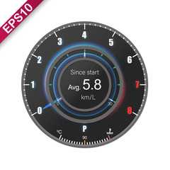 Neumorphic UI Illustration of car dashboard panel with speedometer, tachometer, odometer, fuel gauge, Tyre press indicator and gear position indicator. Modern car digital LCD instrument cluster.