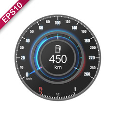 Neumorphic UI Illustration of car dashboard panel with speedometer, tachometer, odometer, fuel gauge, Tyre press indicator and gear position indicator. Modern car digital LCD instrument cluster.