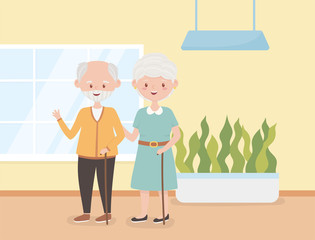 old people, happy grandparents together in room cartoon characters