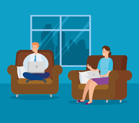 couple working at home with laptop and couch vector illustration design