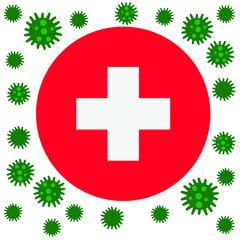 Obraz premium Flag of Switzerland with outbreak deadly coronavirus covid-19. Banner with the spread of Coronavirus 2019-nCoV virus strain. A large coronavirus bacteriums against background of the national flag Swit