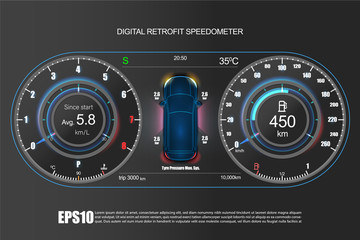 Neumorphic UI Illustration of car dashboard panel with speedometer, tachometer, odometer, fuel gauge, Tyre press indicator and gear position indicator. Modern car digital LCD instrument cluster.