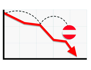 Austria flag with red arrow graph going down showing economy recession and shares fall. Crisis, Austria economy concept. For topics like global economy, Austria economy, banking, finance