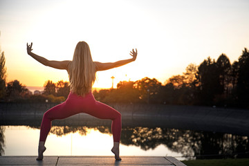 Yoga Girl Goddess Pose Silhouette View Sunlight Background