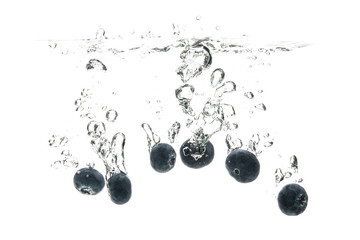 A few blueberry bog whortleberry, great bilberry falling in water on a white background