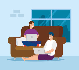 couple working at home with laptop and couch vector illustration design