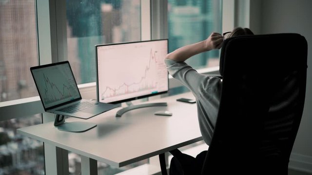 Accomplished marketer making online browsing for analyze investment deposit of virtual money - bitcoin using infographics from financial websites, happy proud ceo rejoicing with trade results
