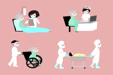 Medical personnel are caring for sick people. Person cartoon character on isolated background.