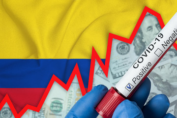 Coronavirus in Colombia. Positive blood test on flag background. Increase in incidence. Economic...