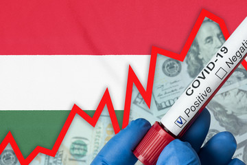 Coronavirus in Hungary. Positive blood test on flag background. Increase in incidence. Economic...