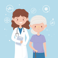 female physician and patient old woman medical staff practitioner cartoon character