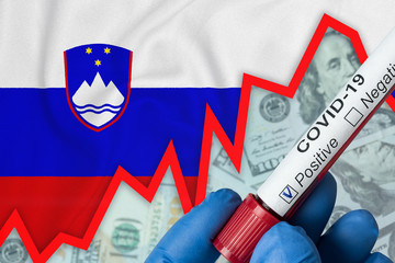 Coronavirus in Slovenia. Positive blood test on flag background. Increase in incidence. Economic crisis