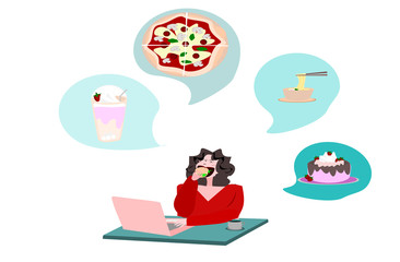 Women working at home and order online. Lady using laptop service food delivery. People illustration on isolate white background. Cartoon character person flat design .