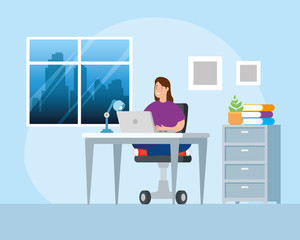 scene woman working at home avatar character vector illustration design