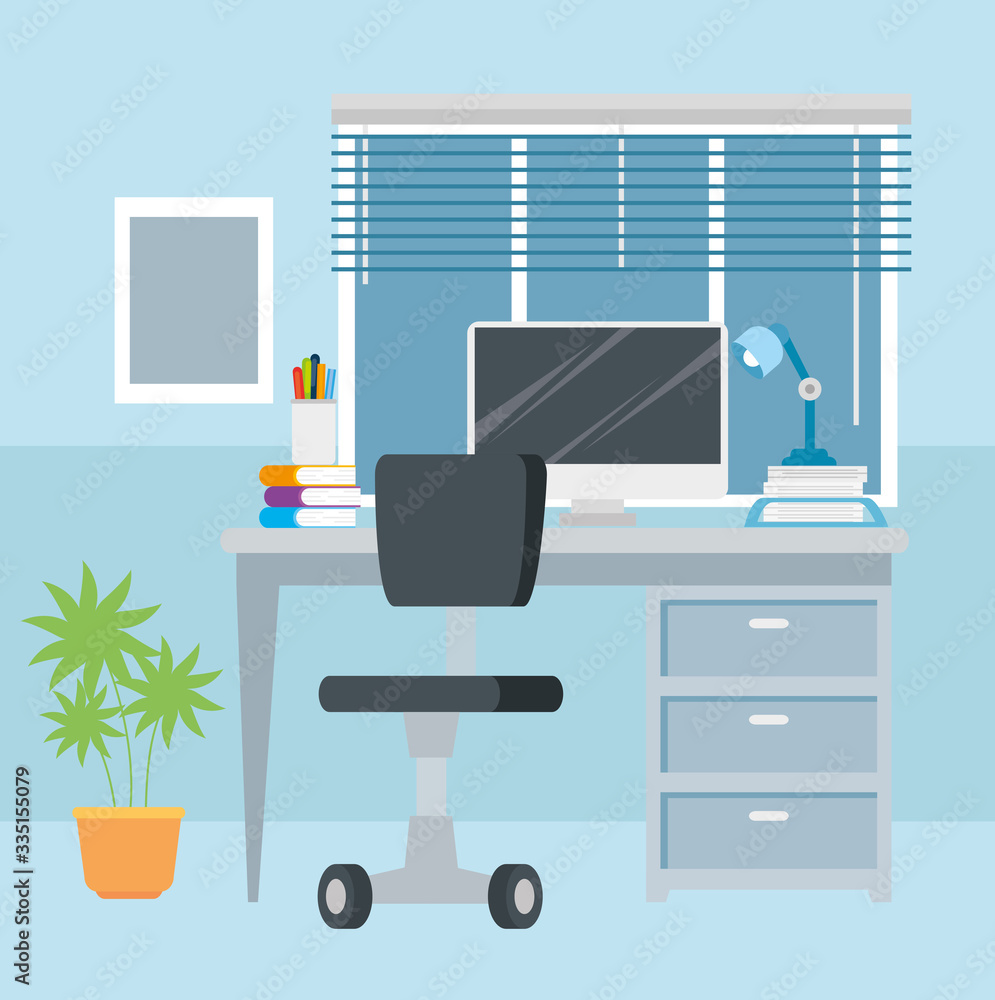 Poster scene workplace with desk and computer vector illustration design