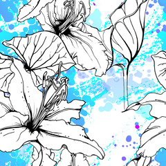 Fototapeta premium Floral Black White Pattern. Modern Watercolor