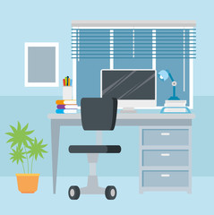 scene workplace with desk and computer vector illustration design