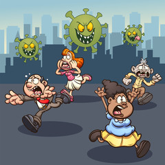 People running away in panic from corona virus. Vector cartoon clip art illustration with simple gradients. Some elements on separate layers.
