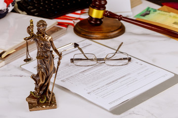 Justice statue with office consultation lawyers professional of Judge gavel with scales of justice.
